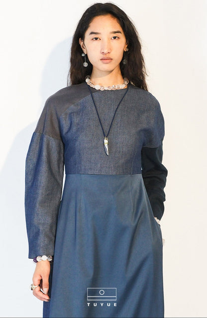 TUYUE Denim Blue Silk Cotton Crew Neck Dress- VERITY.