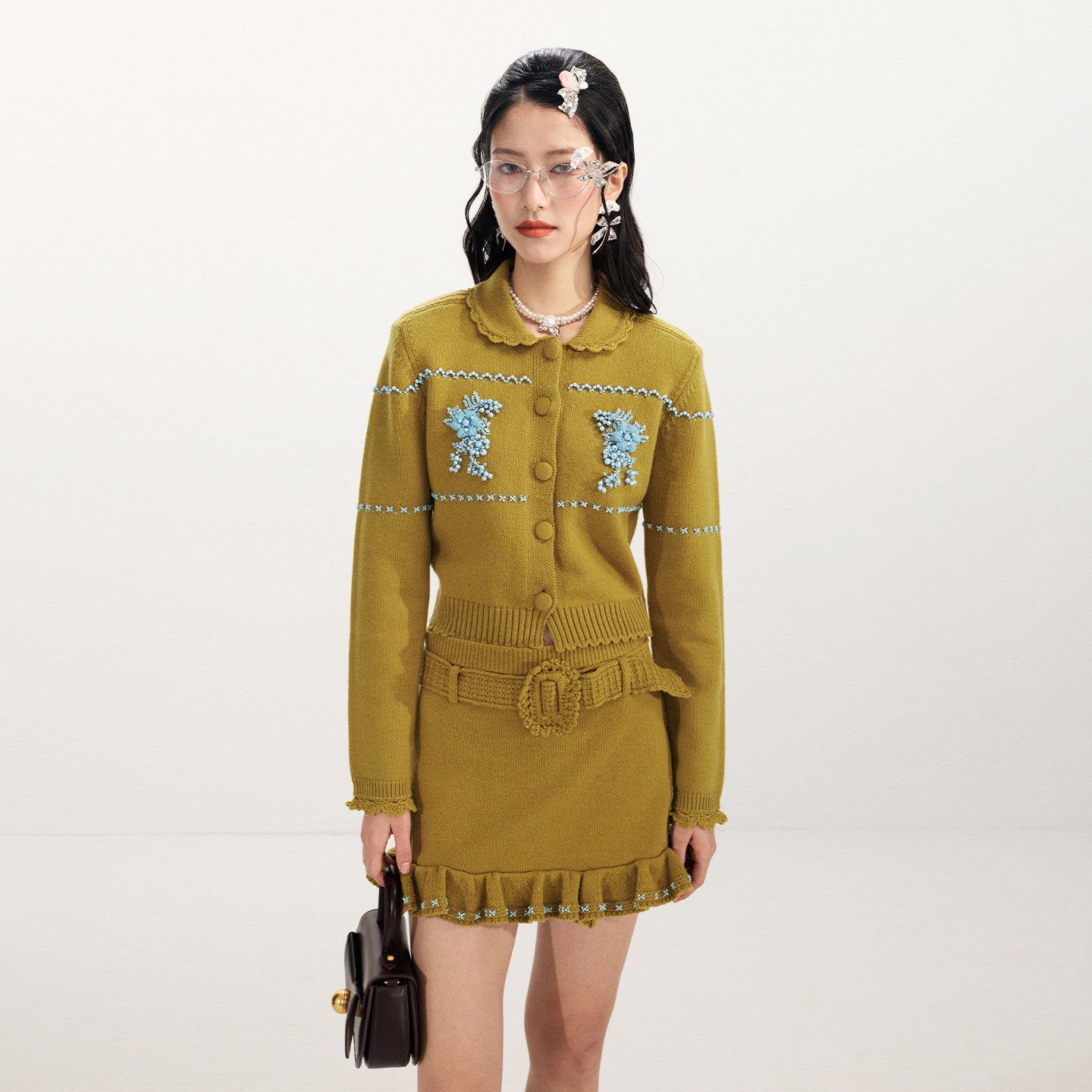 FAME Contrast Three-Dimensional Floral Beaded Knitted Cardigan Top - JESSICA.