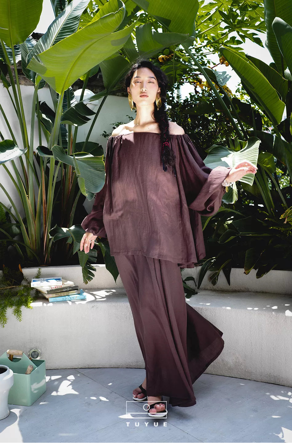 TUYUE Brown texture cotton and linen breathable elastic waist top + skirt set- NIMO