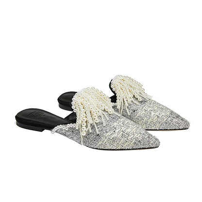 B-FEI Woven Fabric Tassel Pointed Toe Mules-JACK.