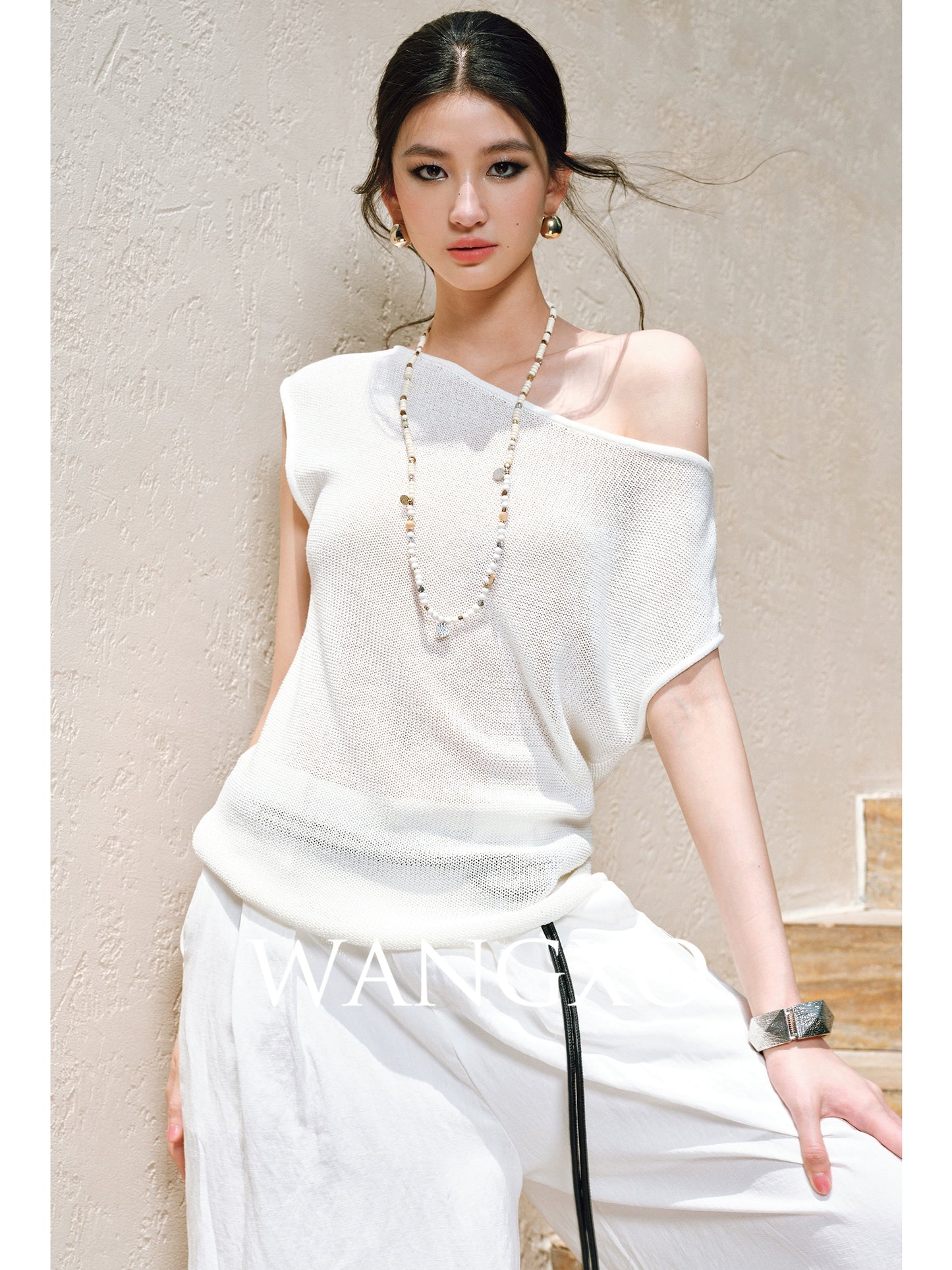 WANGXO |Linen Delicate Knit Slant Shoulder Top & Tailored Straight Pants with Airy Elegance Suit Set -RAYA