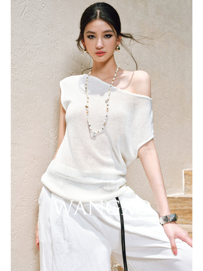 WANGXO |Linen Delicate Knit Slant Shoulder Top & Tailored Straight Pants with Airy Elegance Suit Set -RAYA