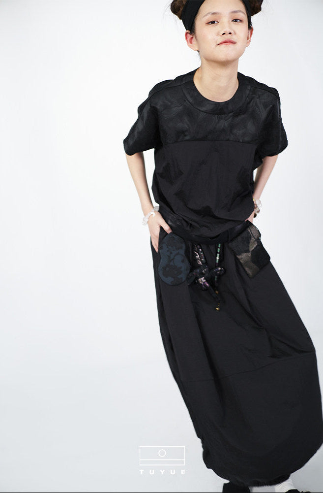 TUYUE Dark Blue Waist Trench Coat Texture Short Sleeve Dress- ANDREA.