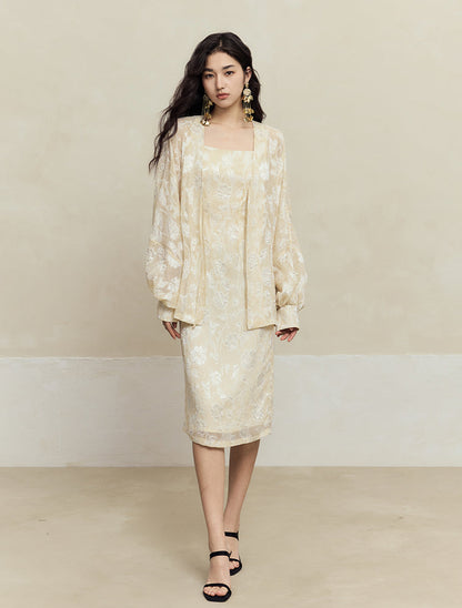 HECO Chiffon Bat Sleeve Dress Two-Piece Set for Women - clay.