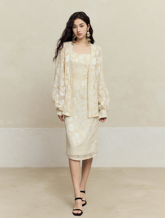 HECO Chiffon Bat Sleeve Dress Two-Piece Set for Women - clay.