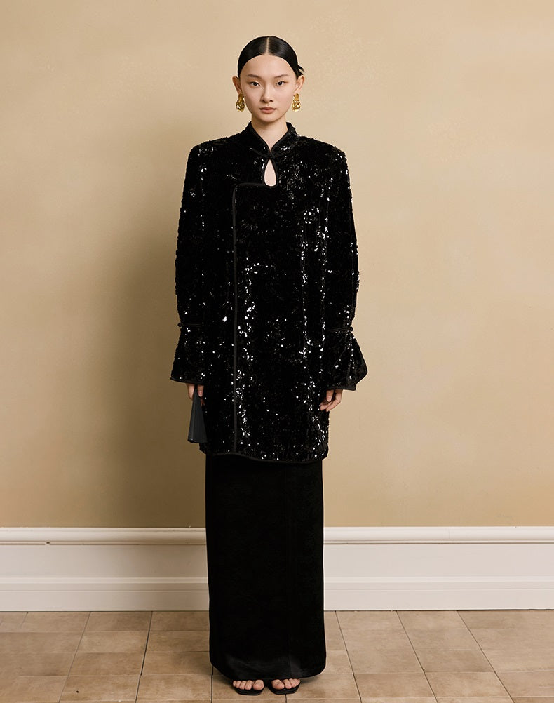 HECO floral sequins embroidery long sleeve short DRESS  - CUTE.