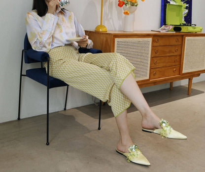 B-FEI lemon yellow flat mules pointed toe slippers-ULGA.