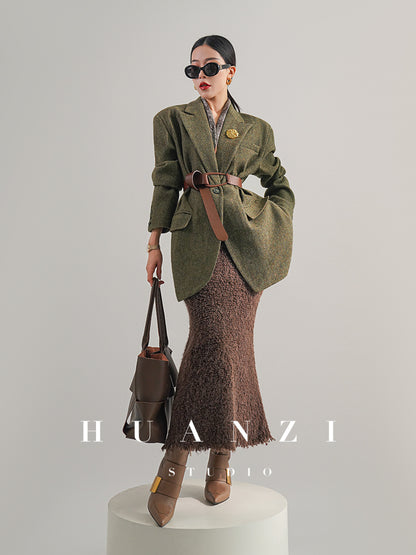 Huanzi high-end retro autumn and winter 100% wool waist suit jacket - Cassie