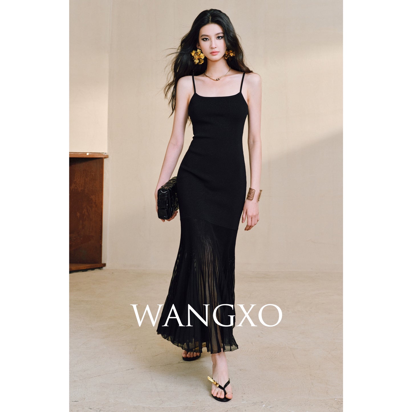 WANGXO | High-Quality Linen Tulle Temperament Suspender Fishtail Dress-LÉYA.