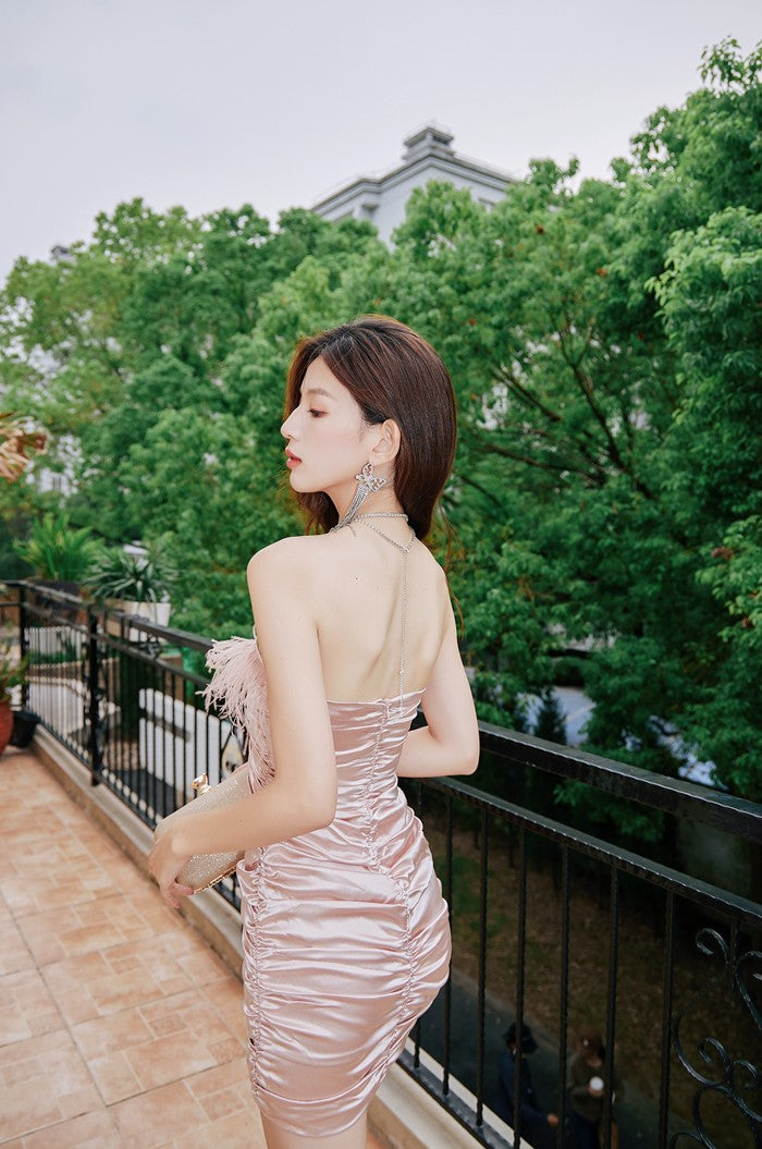 DOLLY Pink Sleeveless Diamond Chain Pleated Suspender Short Feather Dress-ZIXUAN