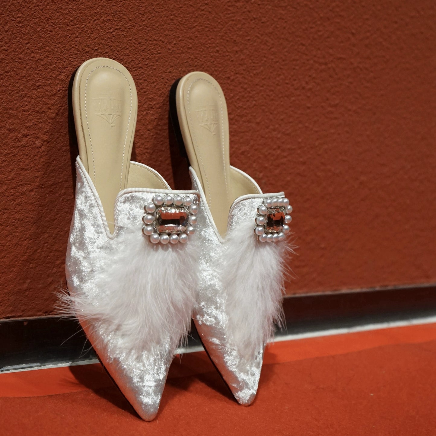 B-FEI rhinestone buckle flat pointed toe slippers for women-ROSS.