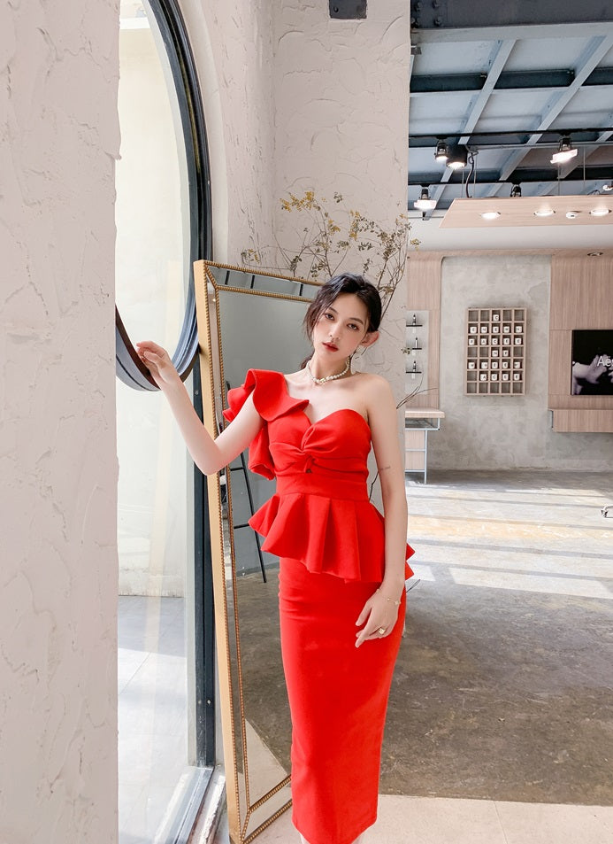 DOLLY Elegant French Style Off Shoulder Ruffle Short Top+ High Waist Skirt-LOIS