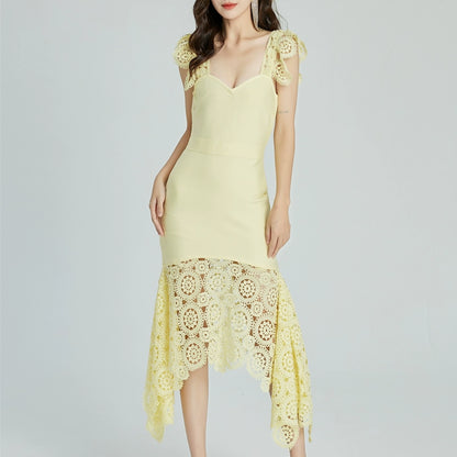 DOLLY Elegant White/Yellow V-Neck Sleeveless Lace Midi Birthday Guest Dress-THALIA