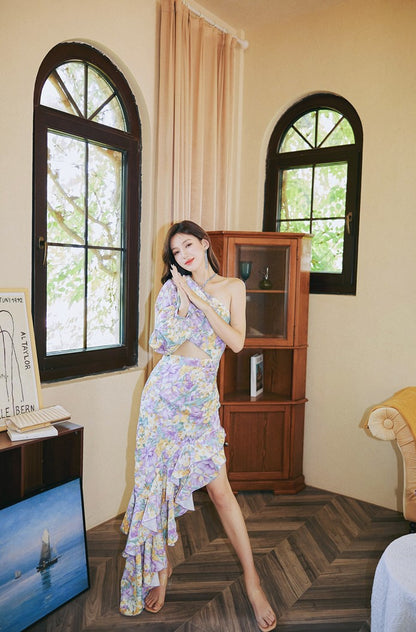 DOLLY Elegant Slant Collar Long Puff Sleeve Hollow Irregular Ruffled Hem Dress-KIERA