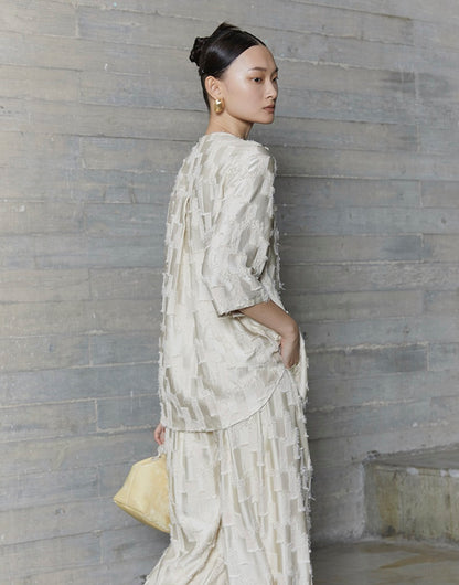 HECO Round Neck Square Tassel Design Texture Shirt Top Women - reign.