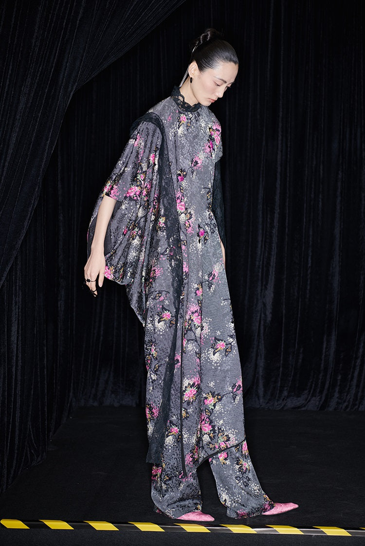 M essential Mackay designer cherry blossom print beaded asymmetrical dress - WORDS.