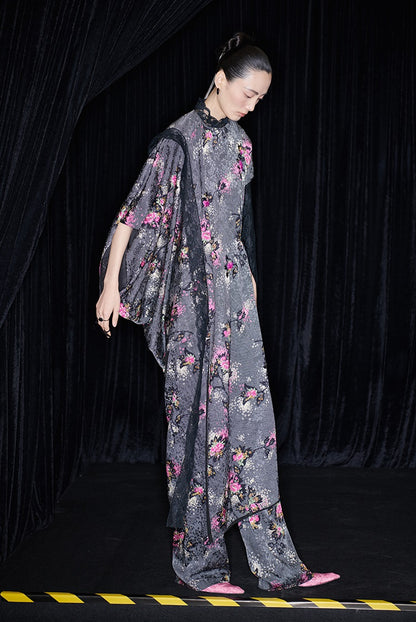 M essential Mackay designer cherry blossom print beaded asymmetrical dress - WORDS.