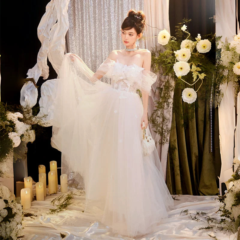 DOLLY Elegant White Off Shoulder Short Sleeve Flower Wedding Dress-SOPHIE  (V)