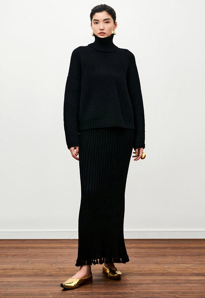 ZHUCHONGYUN sheep wool knitted tassel black textured skirt-NUNA.