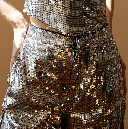 DOLLY Luxury Two Piece Sleeveless Sequin Tube Top + Long Sequin High Waist Flare Pants-THEA