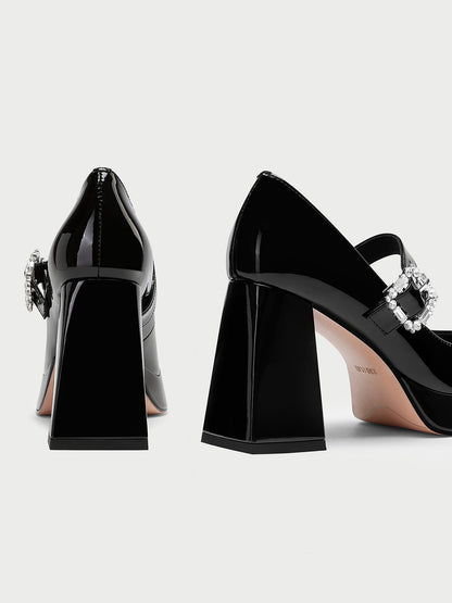 pjjuu Black Platform thick-soled square block heel leather MaryJane Shoes - Simona