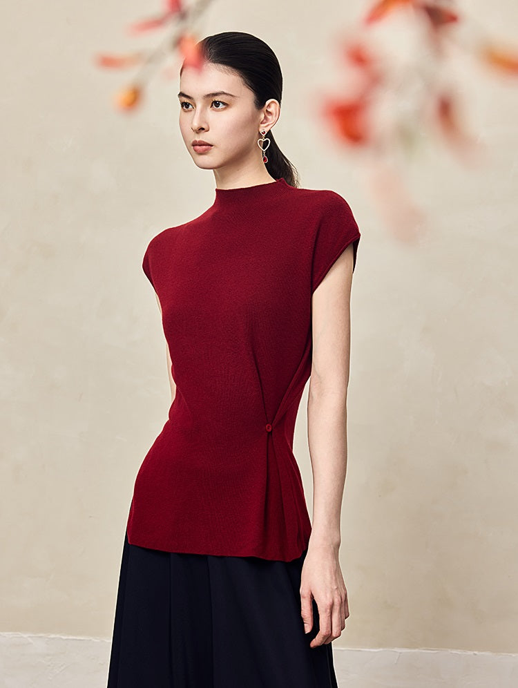 HECO Waist Side Buckle Stand Collar Knitted Short Sleeve Top- BLOOD.
