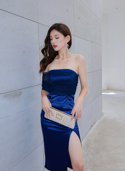 DOLLY Elegant Royal Blue One Shoulder Chest Wrap Slim Fit Slit Dinner Dress-ALLEGRA