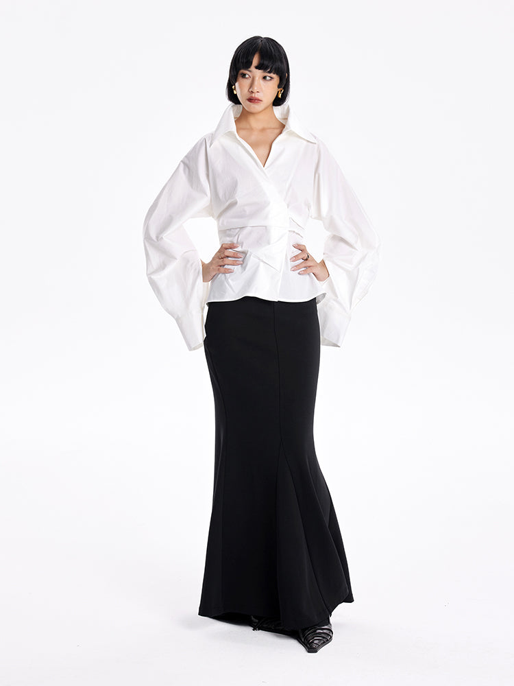 TINY IN stand-up collar casual pinch-pleated curved sleeve cinched waist shirt-KIA