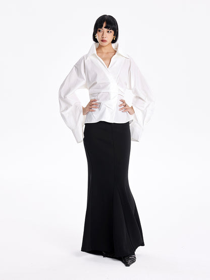 TINY IN stand-up collar casual pinch-pleated curved sleeve cinched waist shirt-KIA