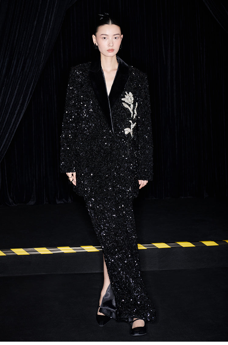 M essential Mackay designer orchid embroidery sequins jacket pencil slit skirt suit - tev.