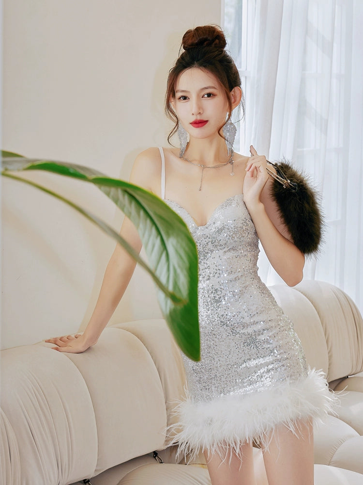 DOLLY Luxury Sliver Sleeveless Sequin Feather Suspender Slim Fit Party Dress-AADHIRA
