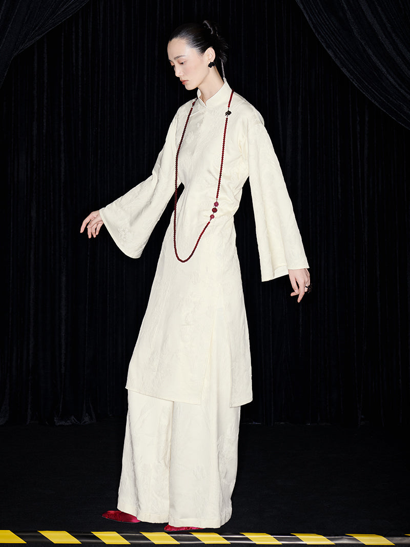 M essential Mackay designer jade carved jacquard bell sleeves cheongsam dress pant set - greg.