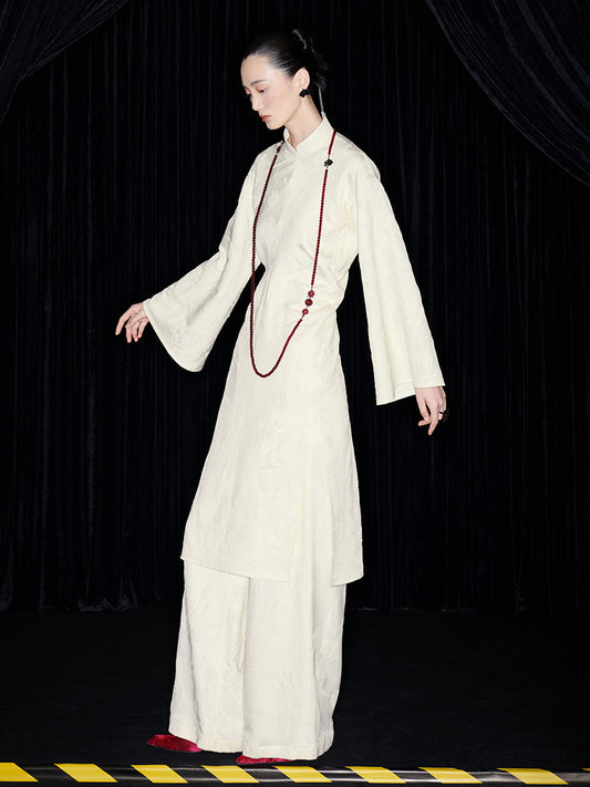 M essential Mackay designer jade carved jacquard bell sleeves cheongsam dress pant set - greg.