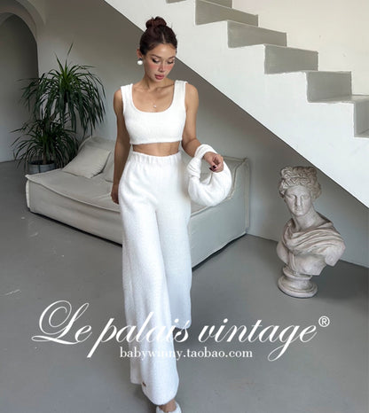 Le Palais Vintage Luxury White Fur Hand bag Plush Vest High Waist Wide-leg Pants Suit-Sonia