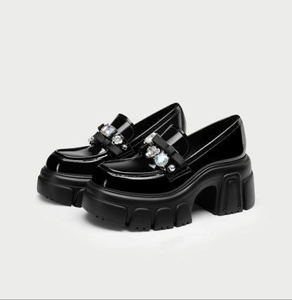 PJJUU Black Patent Leather Block British Style Single Shoes - ATTEND