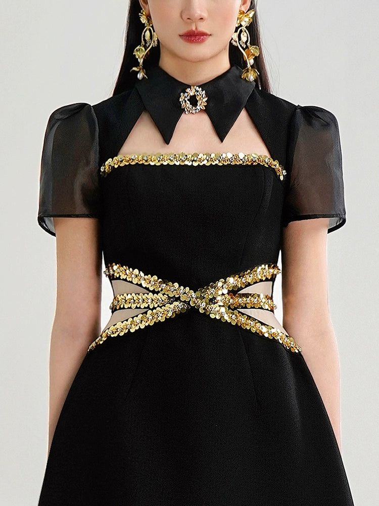 CHECOCRE Elegant Gold Sequence Hollow Black Short Dress - UNDER
