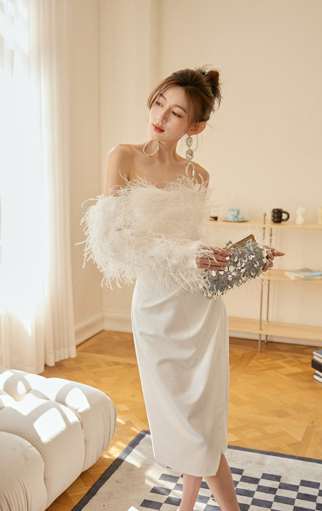 DOLLY Elegant White Off Shoulder Long Sleeve Feather Tube Top Dinner Dress-SU