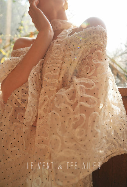 LE VENT&TES AILES Luxury off-Shoulder Lace Jacquard 3d Detailing white Dress- ZORA