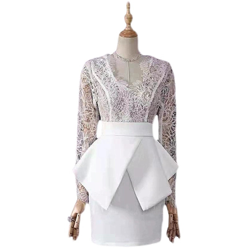 DOLLY Elegant White V-Neck Long Sleeve High Waist Peplum Short Date Dress-LOUIS