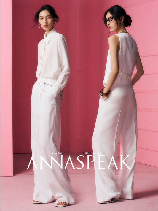 AnnaSpeak Luxury Plain White/Blue High Waist Wide Leg Pants-Jane