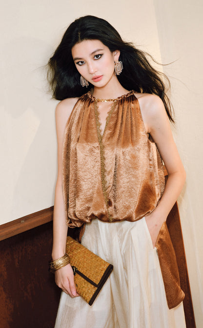 WANGXO| Acetate  Lace-Trimmed Metal Chain Halterneck V-Neck Pleated Top -AYRA.
