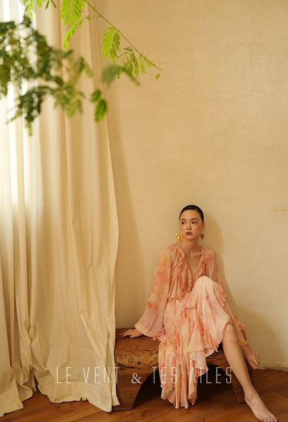 LE VENT& TES AILES Spring summer elegant multicolor silk smudged floral shirt skirt-ENE