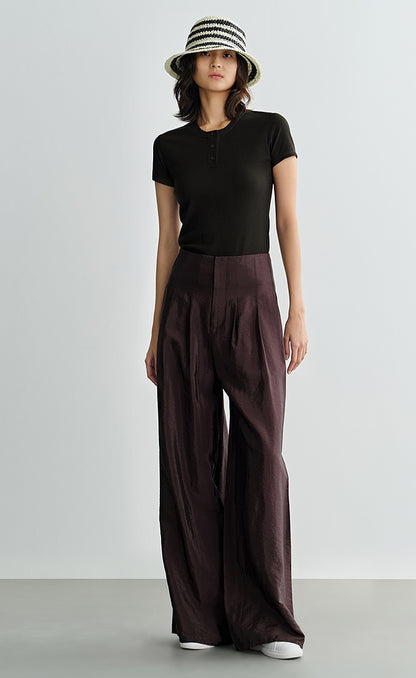 COMME MOI Lv Yan designer's new brown high-waisted pressed pleated wide-leg pants - LAKELYN.
