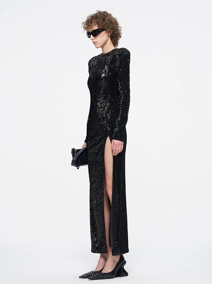 ANNAKIKI High slit open-back beaded dress long skirt-CHIYOKO