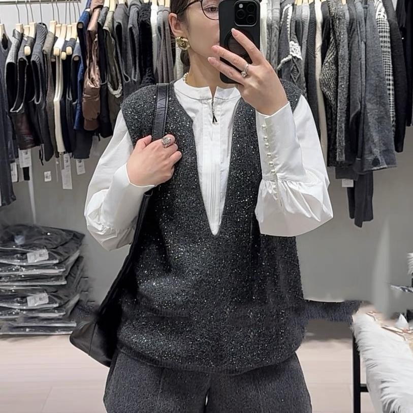 PIAOIN starry sequined V-neck knitted women's vest thermal knitted jacket-HERA