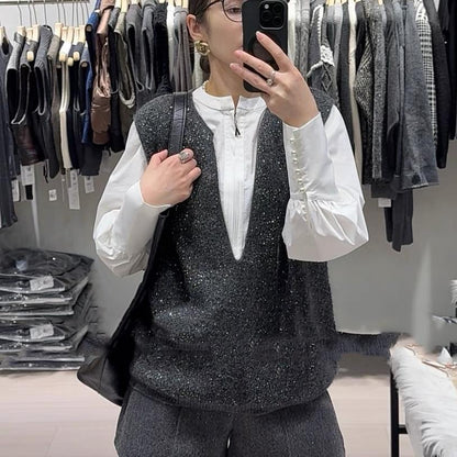 PIAOIN starry sequined V-neck knitted women's vest thermal knitted jacket-HERA
