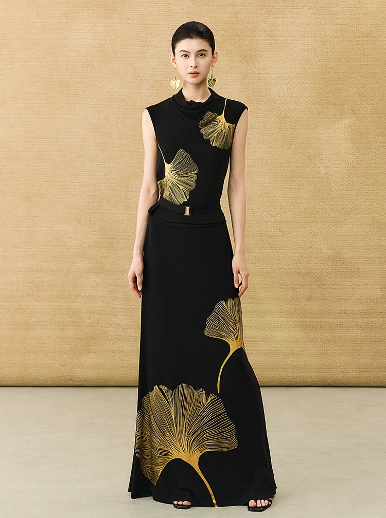 HECO Chinese draped skirt summer fashion ginkgo print skirt set - AFLORAL.