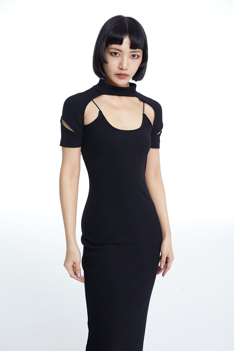 TINY IN fake two-piece deconstructed knitted back slit midi black dress -PUPIN
