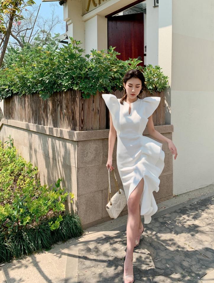 DOLLY Luxury V-Neck Short Sleeve High waist Slim Fit Irregular Hem Date Dress-LISA