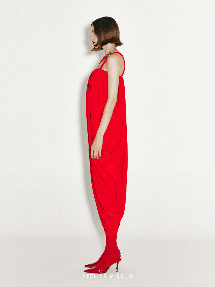ATELIER MISS LU Sling Strapping Draped Irregular Dress - ALEX